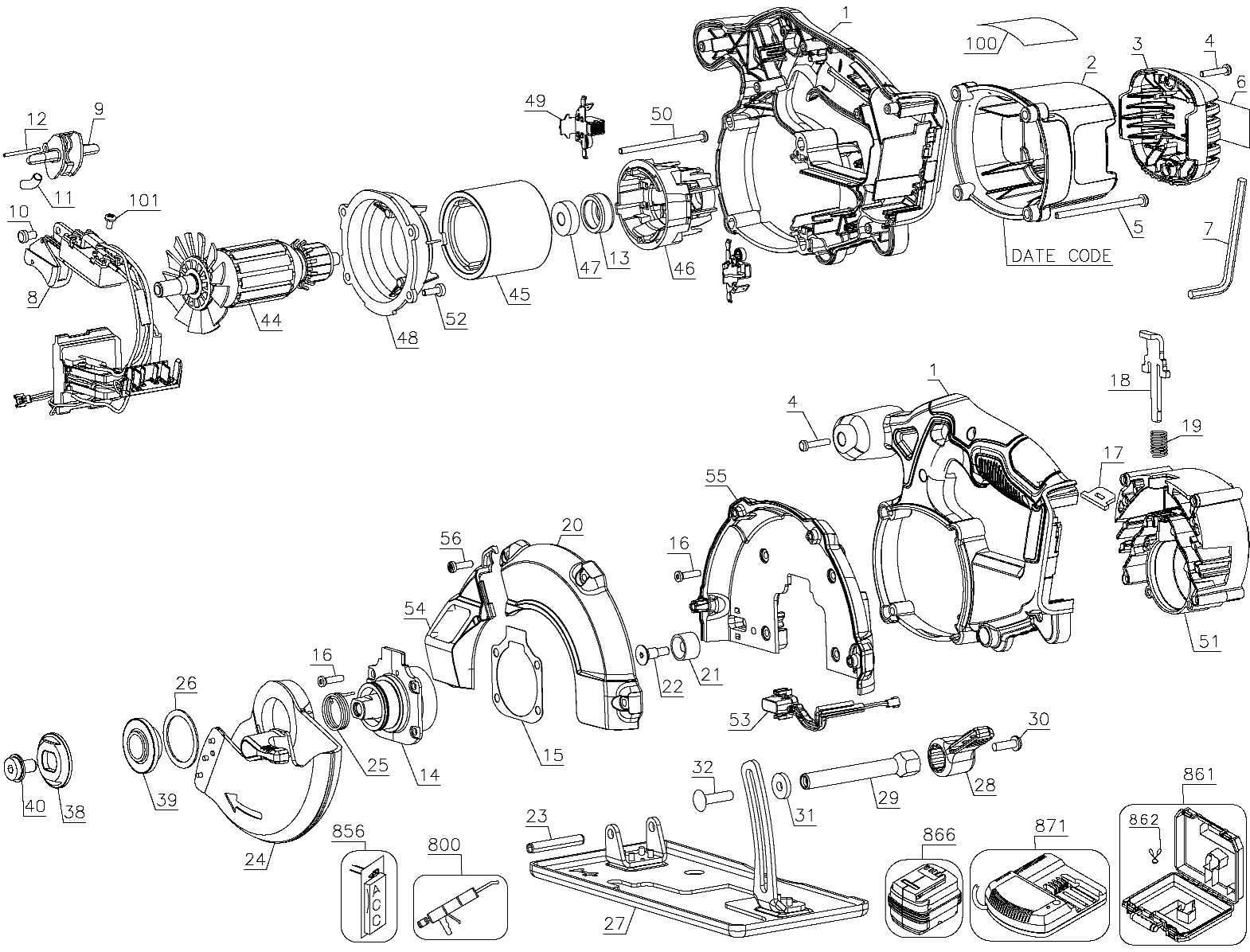 Default Diagram and Parts List for DCS373L2 Type 1 DeWALT Circular Saw