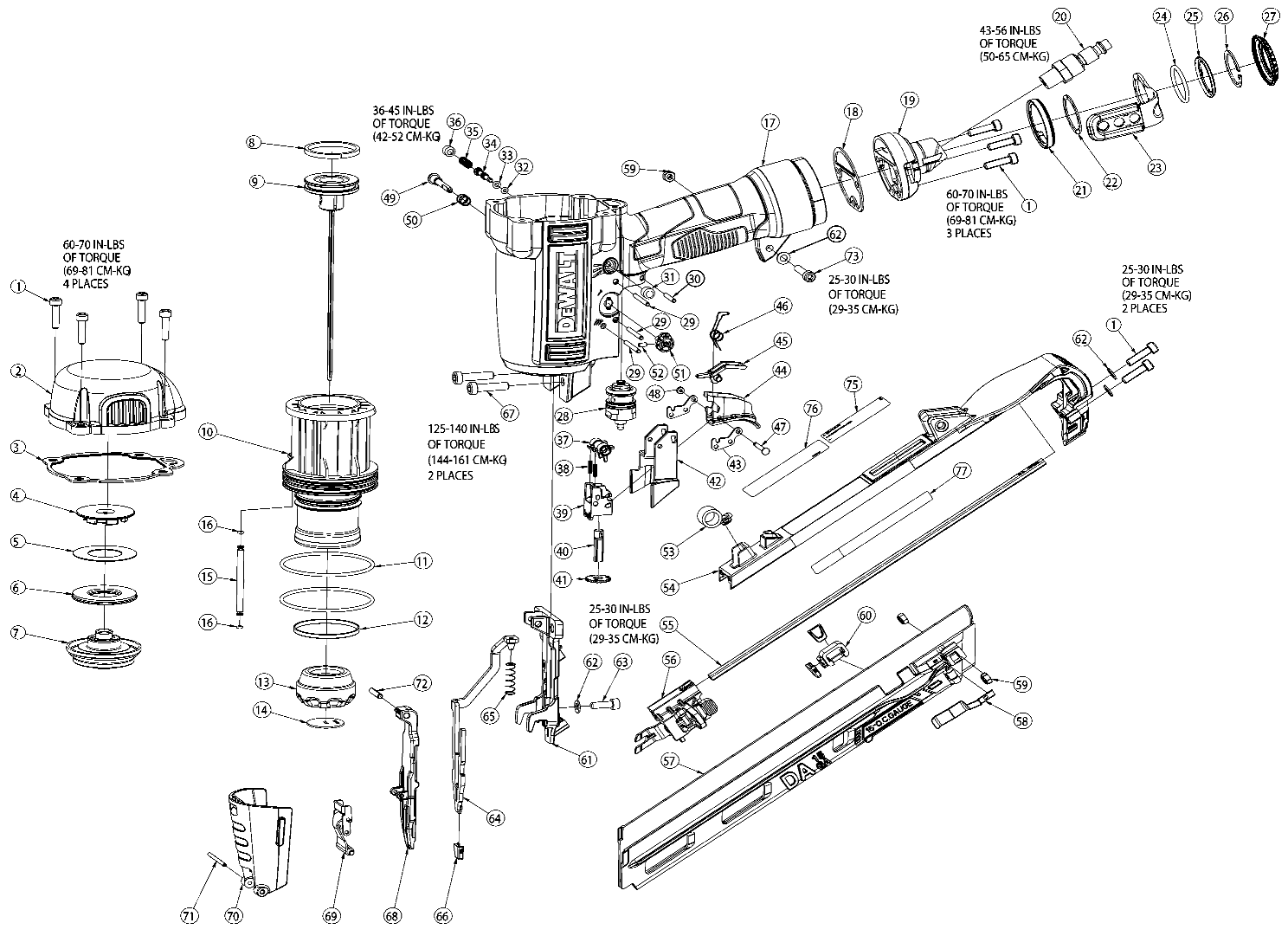 Default Diagram and Parts List for DWFP72155 Type 0 DeWALT Nailer