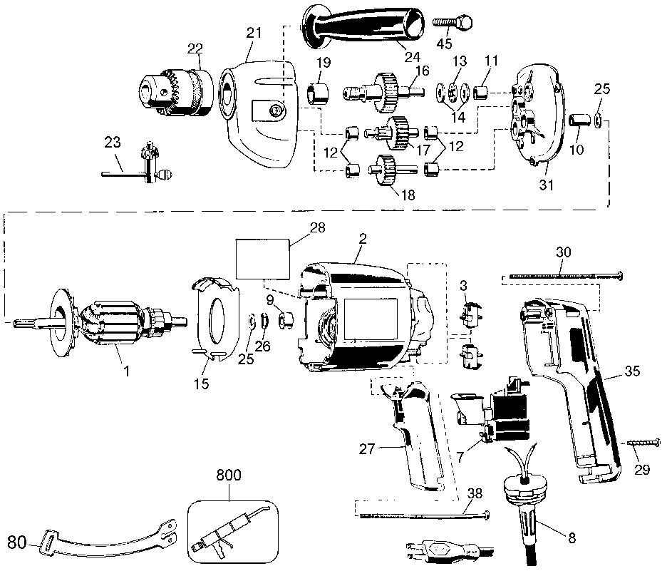 Default Diagram and Parts List for B7254 Type 4 DeWALT Boring Machine