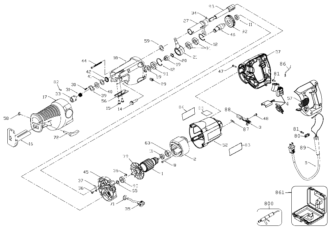 Default Diagram and Parts List for DW311K-BR Type 1 DeWALT Reciprocating Saw