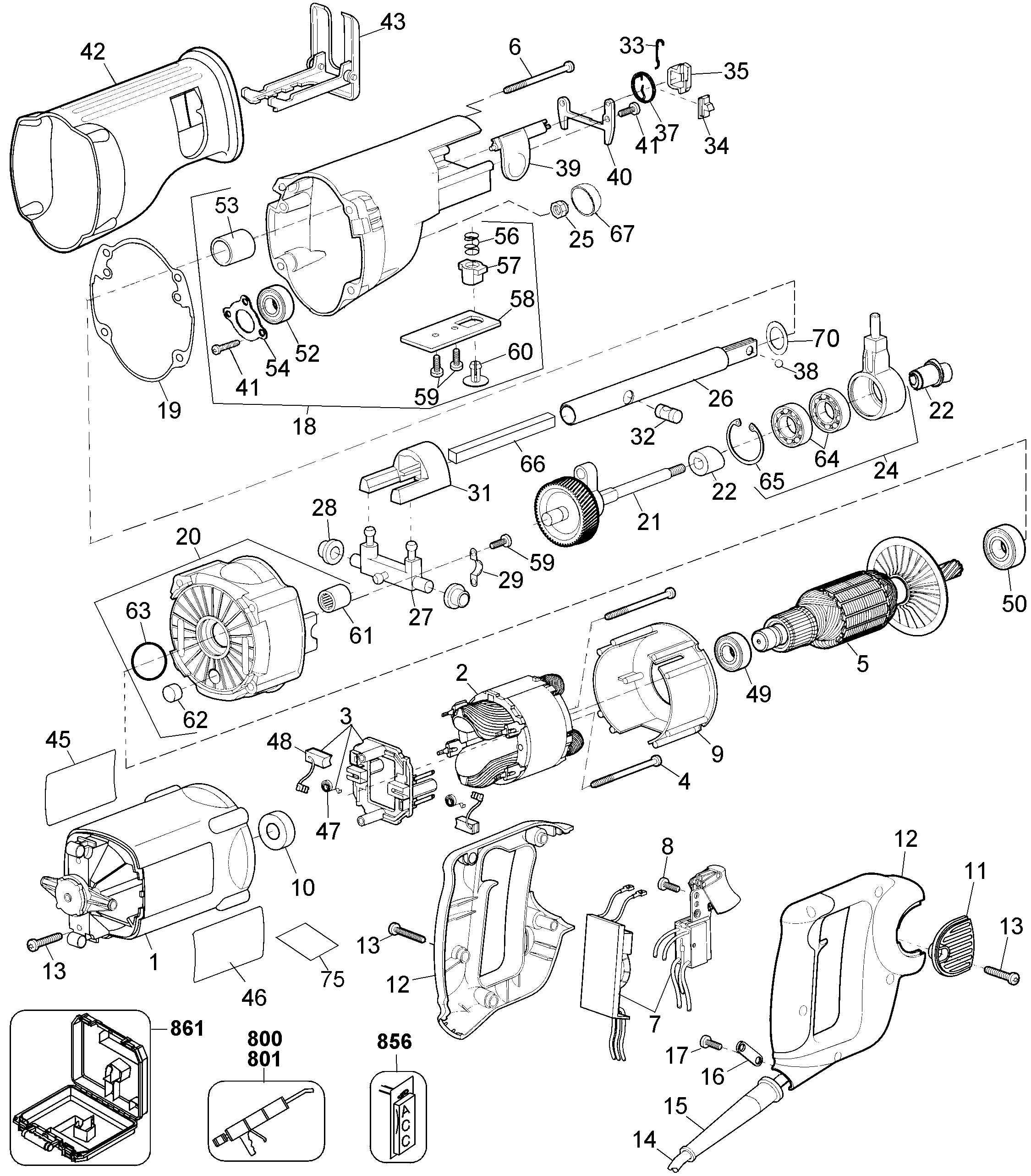 Page A Diagram and Parts List for DW309K 3 DeWALT Reciprocating Saw