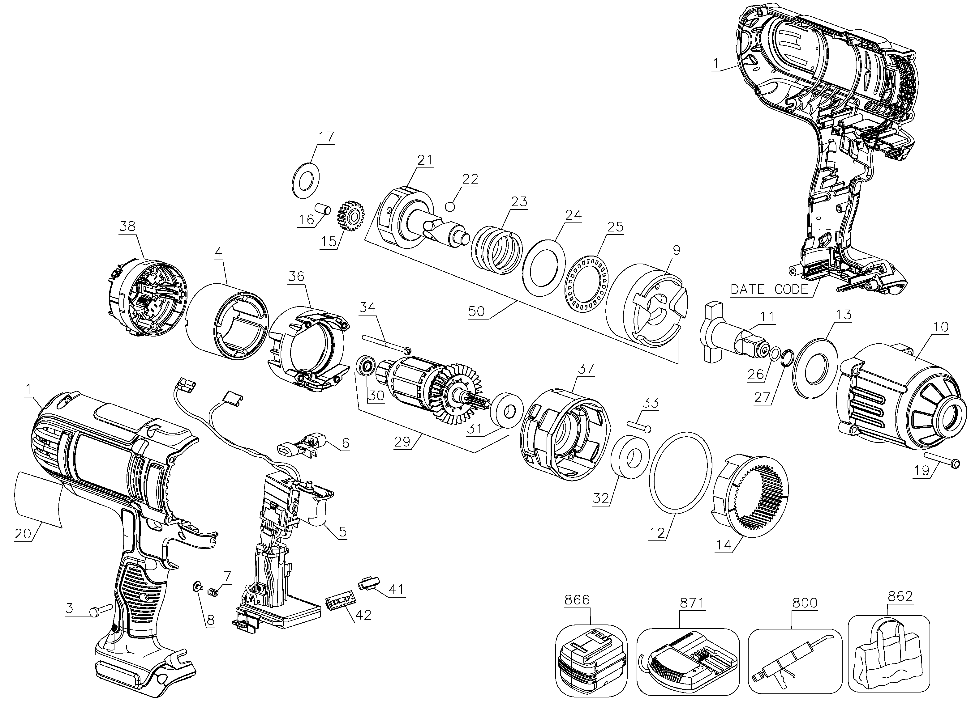 Page A Diagram and Parts List for DCF889HM2 3 DeWALT Wrench