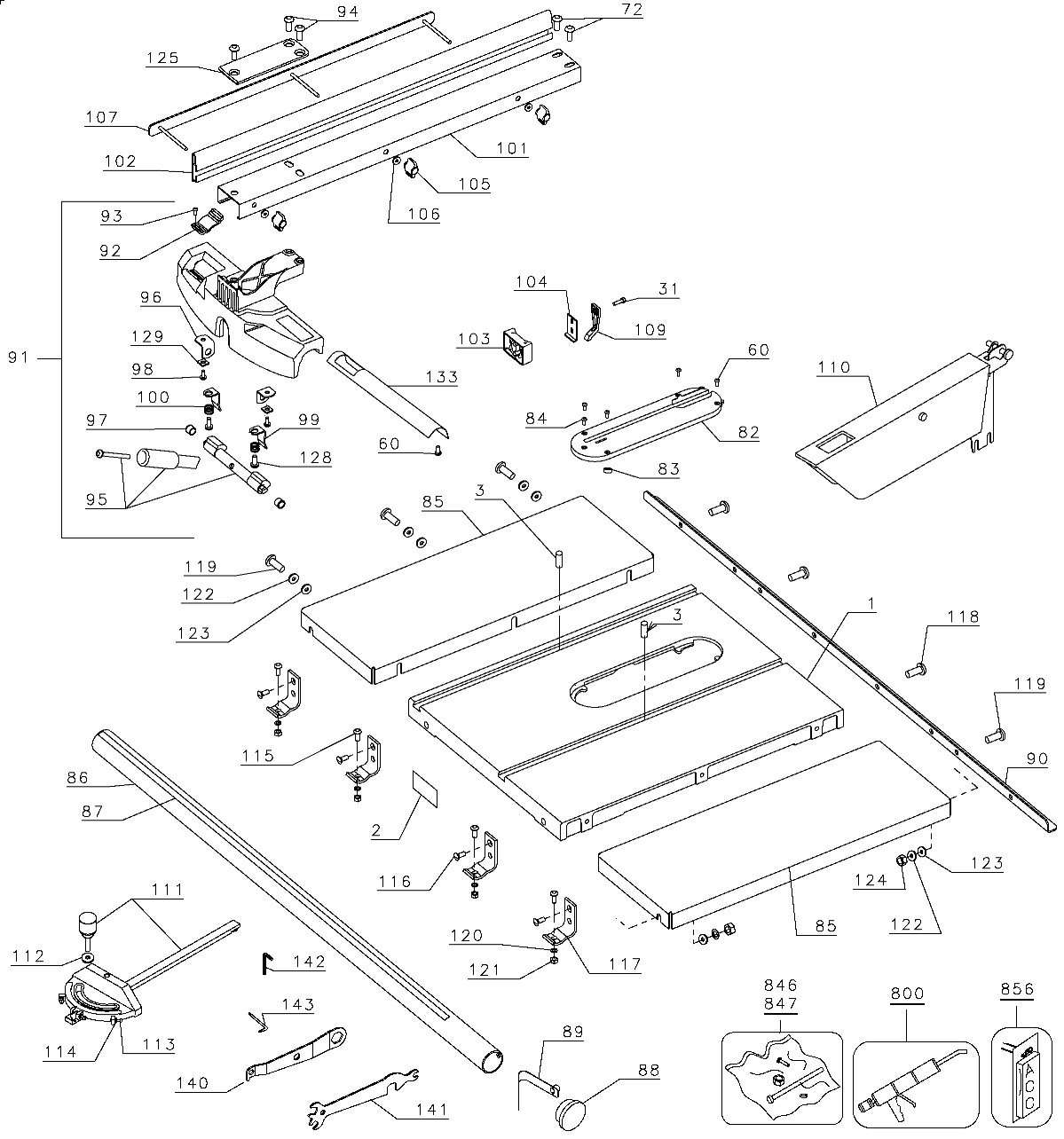 Table and Frame Diagram and Parts List for DW746XS Type 1 DeWALT Table Saw
