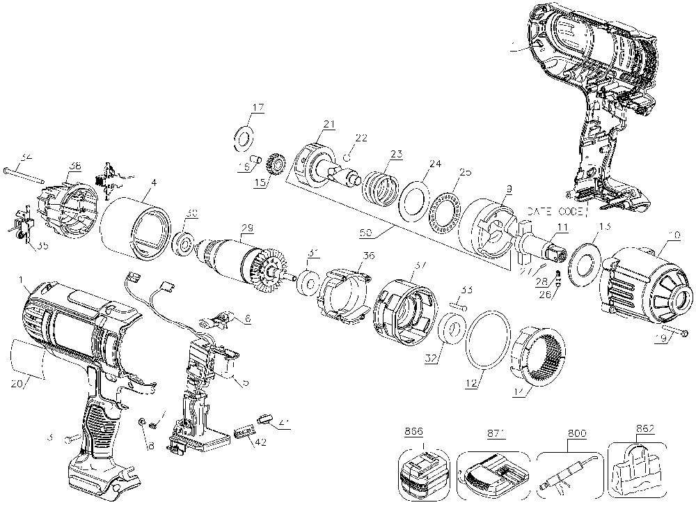 Page A Diagram and Parts List for DCF889B Type 2 DeWALT Wrench