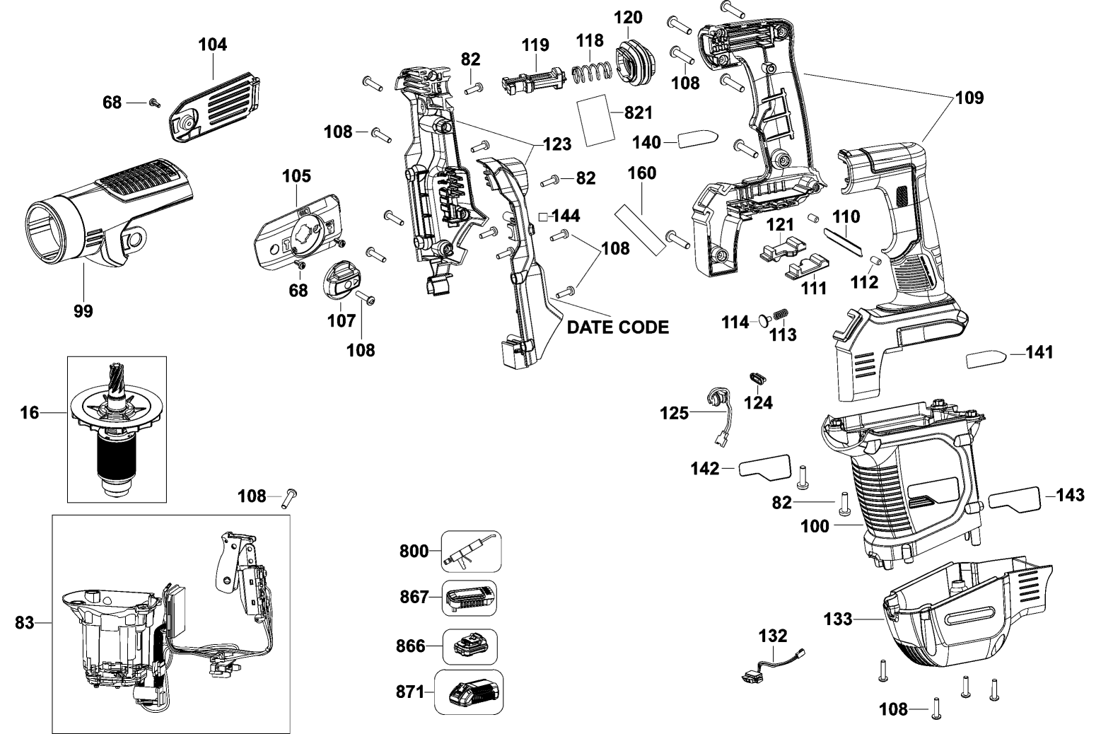 Default Diagram and Parts List for DCH481B Type 1 DeWALT Electric Drill