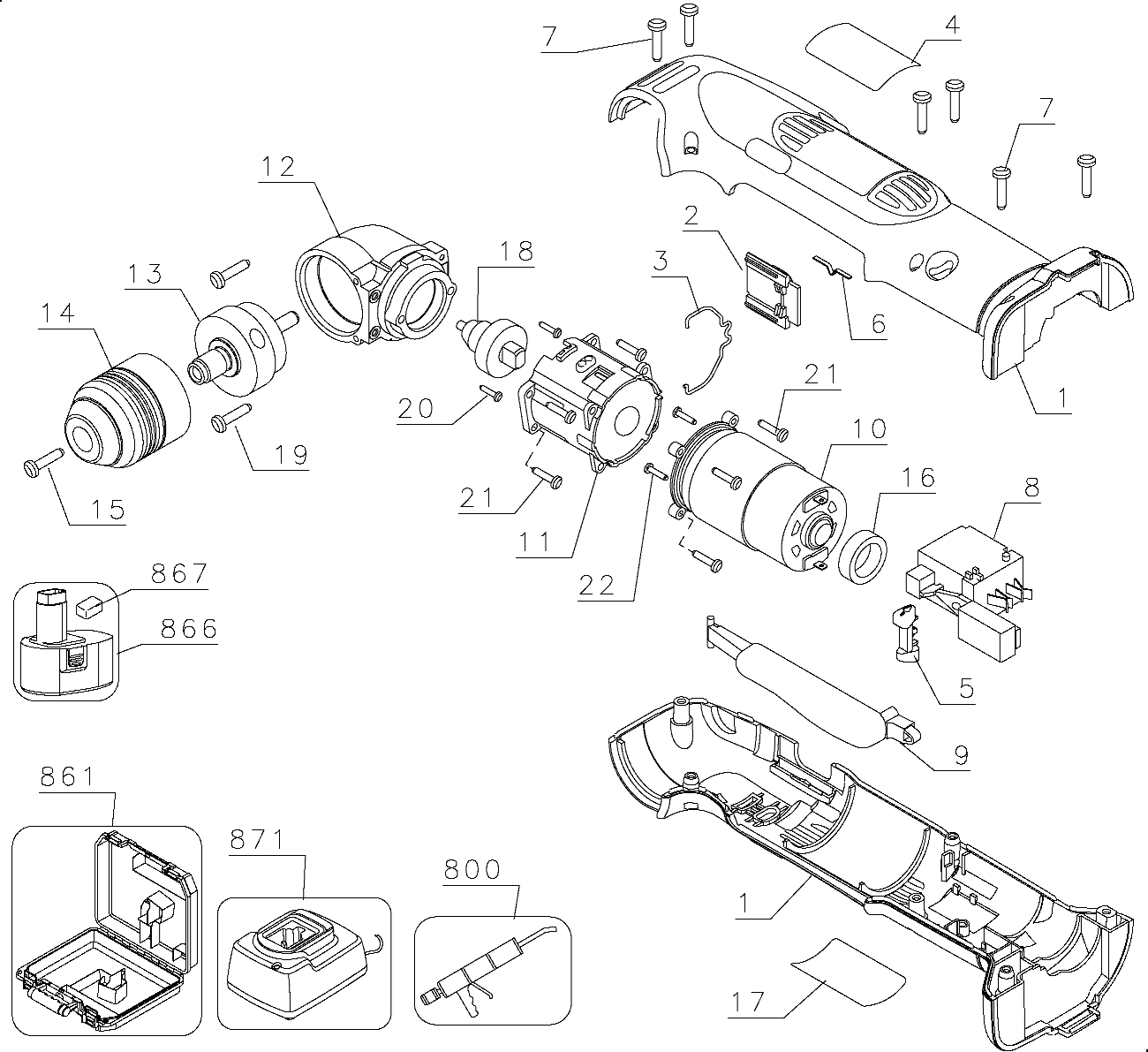 Default Diagram and Parts List for DW965K Type 1 DeWALT Boring Machine