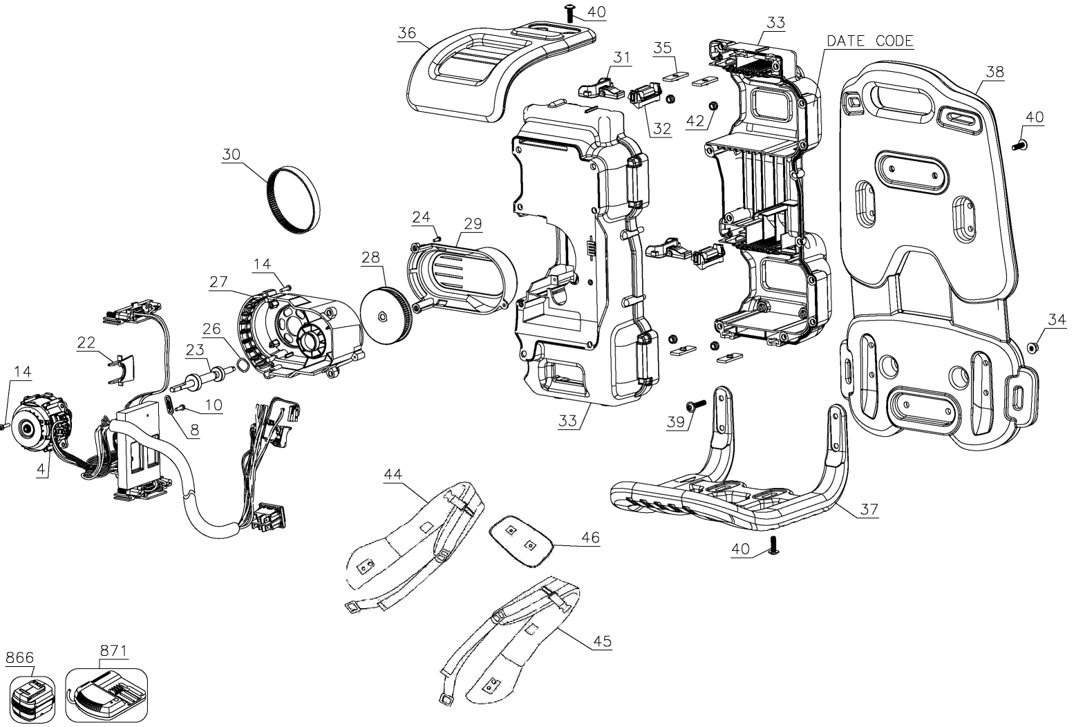 Default Diagram and Parts List for DCBL590X2 Type 1 DeWALT Leaf Blower / Vacuum