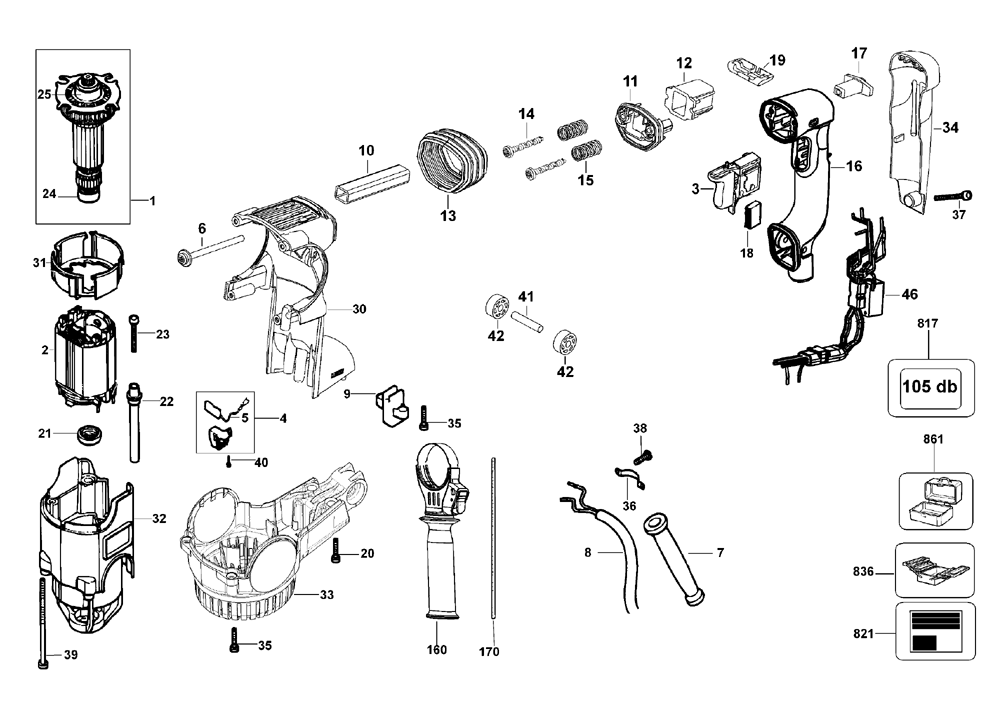 Fig-1 Diagram and Parts List for D25323 Type-2 DeWALT Drill