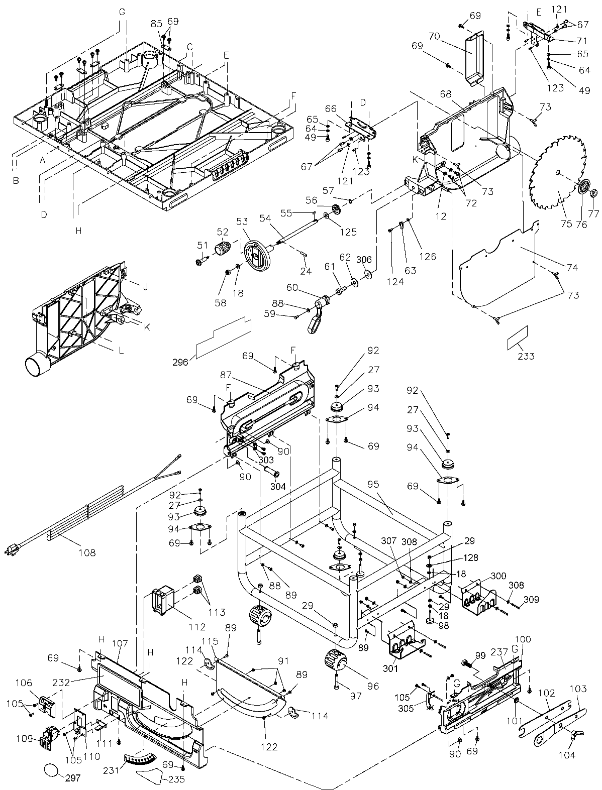 Default Diagram and Parts List for DW745-B2 Type 3 DeWALT Table Saw