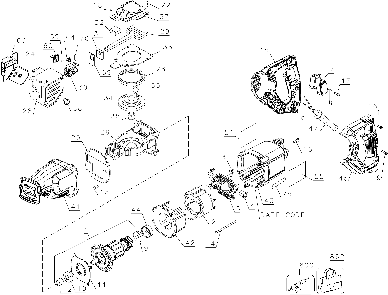 Default Diagram and Parts List for DWE305K Type 1 DeWALT Reciprocating Saw