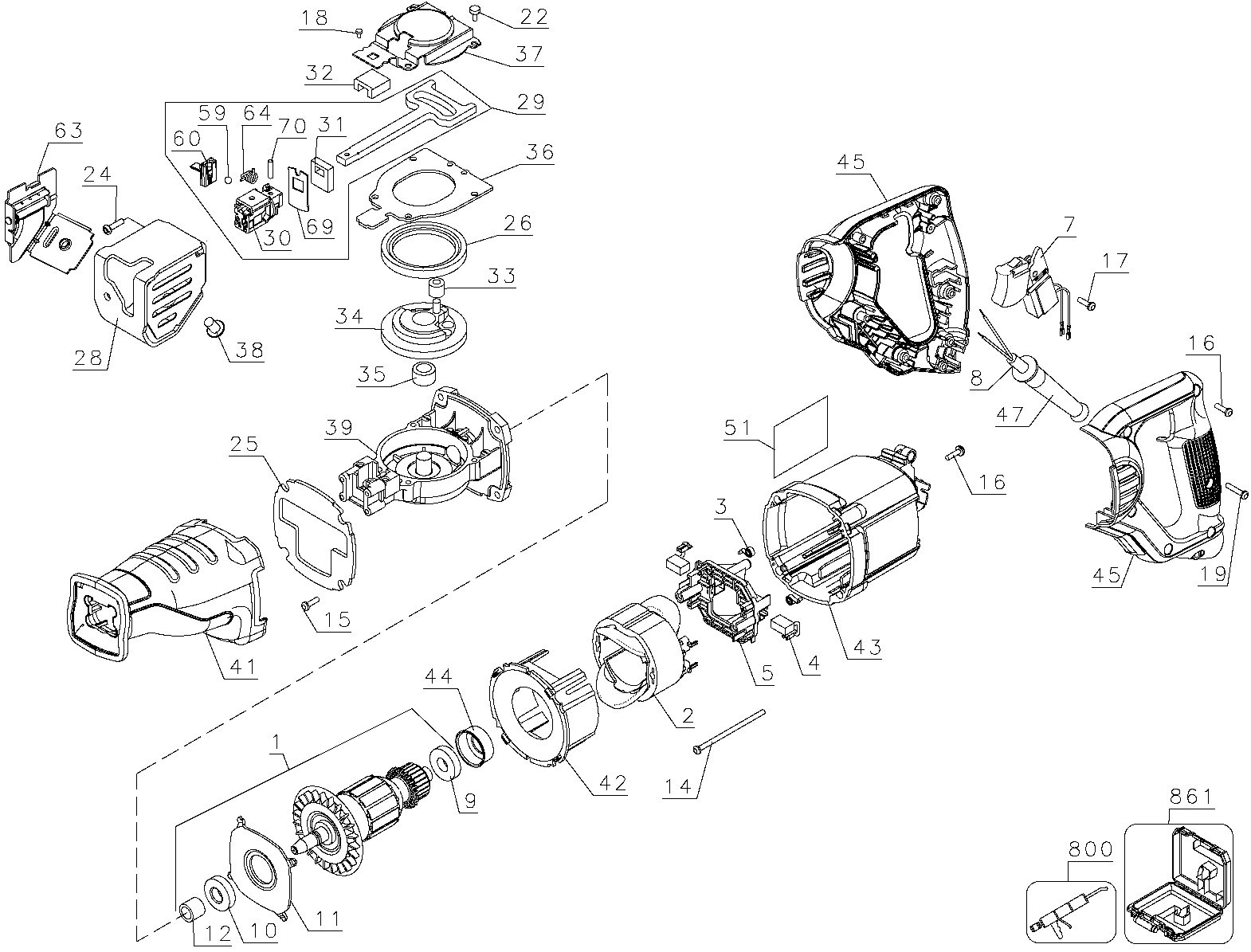 Default Diagram and Parts List for DW304PK-BR Type 4 DeWALT Reciprocating Saw