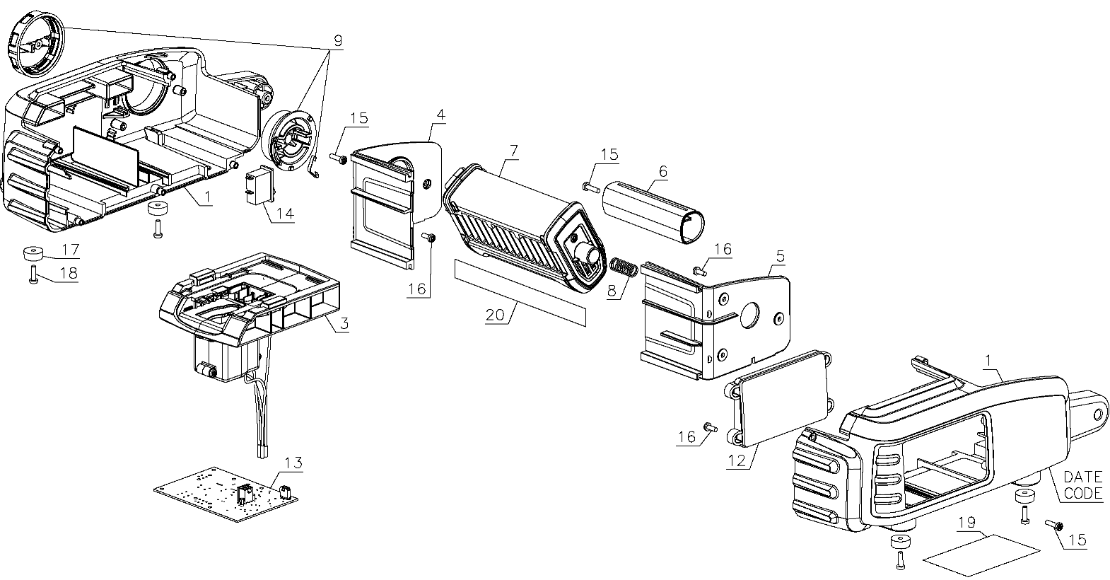 Default Diagram and Parts List for DCL060 Type 1 DeWALT Worklight & Flashlight