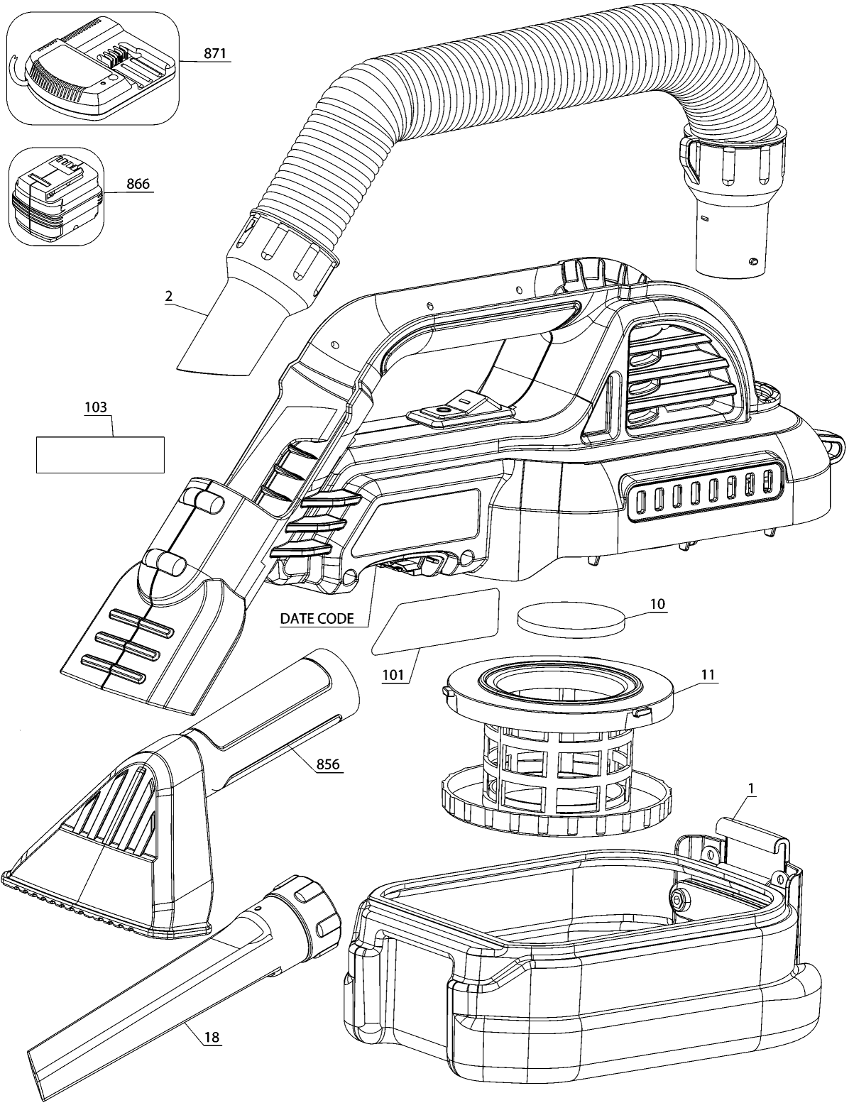 Default Diagram and Parts List for DCV517B Type 1 DeWALT Leaf Blower / Vacuum