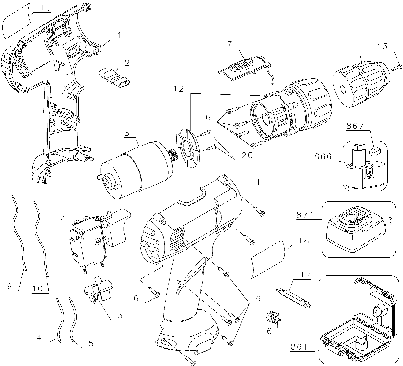 Default Diagram and Parts List for DW926K2BR Type 1 DeWALT Boring Machine