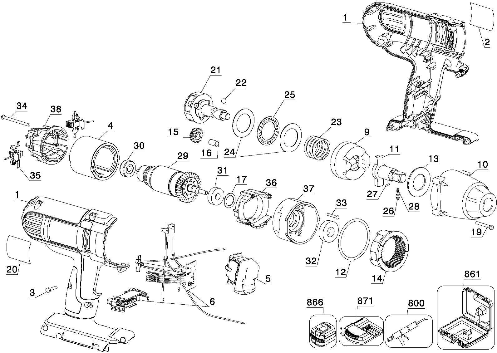 Default Diagram and Parts List for DC800KL Type 1 DeWALT Impact Driver