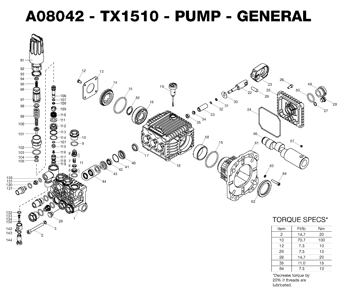 General TX1510 Pump Diagram and Parts List for DP3750HR Type 1 DeWALT Pressure Washer