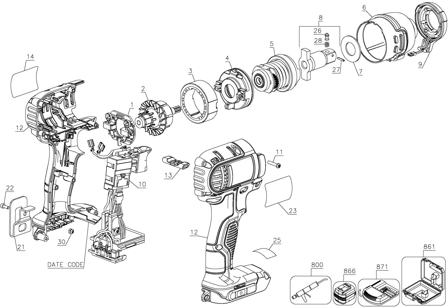 Default Diagram and Parts List for DCF880M2 Type 2 DeWALT Wrench