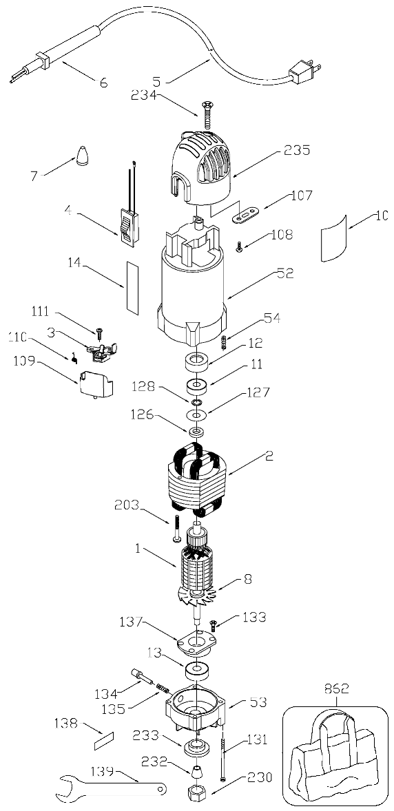 Default Diagram and Parts List for D26670-B2 Type 1 DeWALT Trimmer