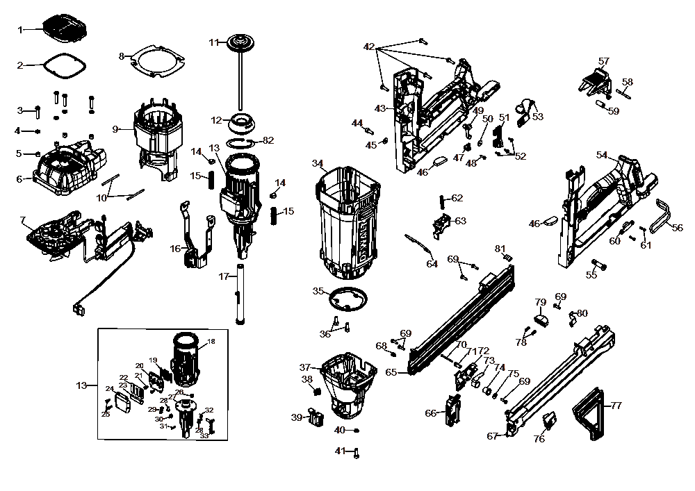 Section 1 Diagram and Parts List for DGN845B Type 1 DeWALT Nailer