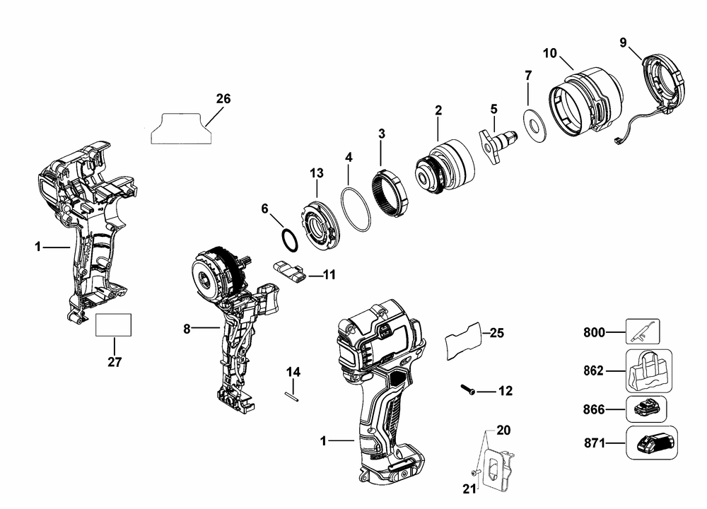 Exploded Diagram A Diagram and Parts List for DCF911B Type 1 DeWALT Impact Driver