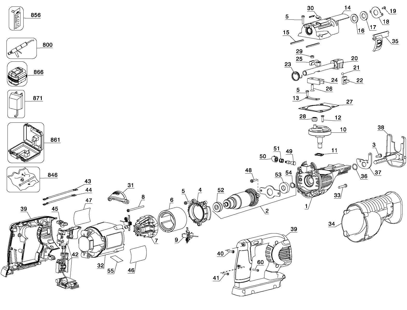 Default Diagram and Parts List for DC305K Type 1 DeWALT Reciprocating Saw