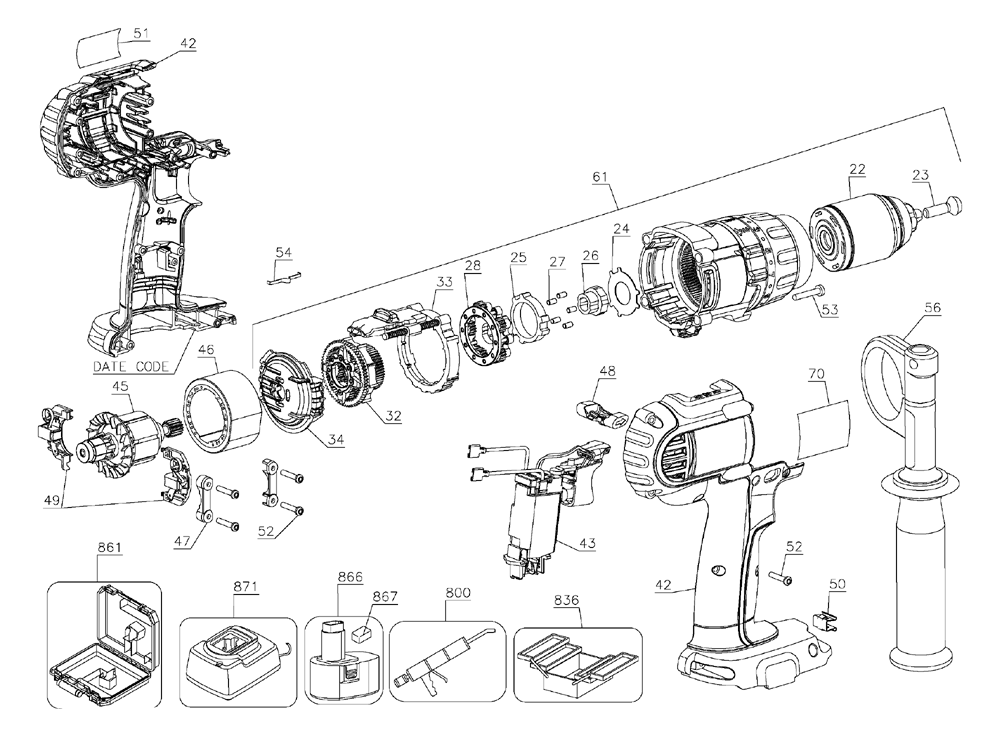 Fig-0 Diagram and Parts List for DCD930X Type-3 DeWALT Cordless Drill