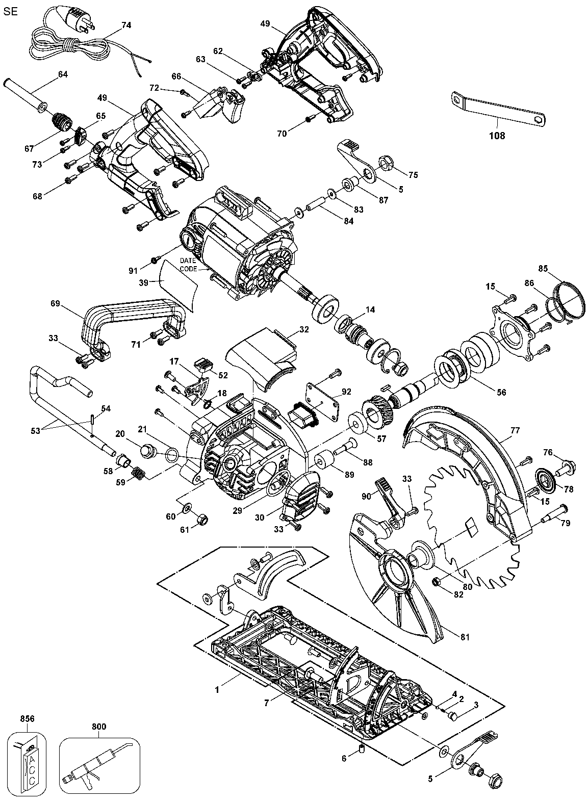 Default Diagram and Parts List for DWS535B Type 1 DeWALT Circular Saw
