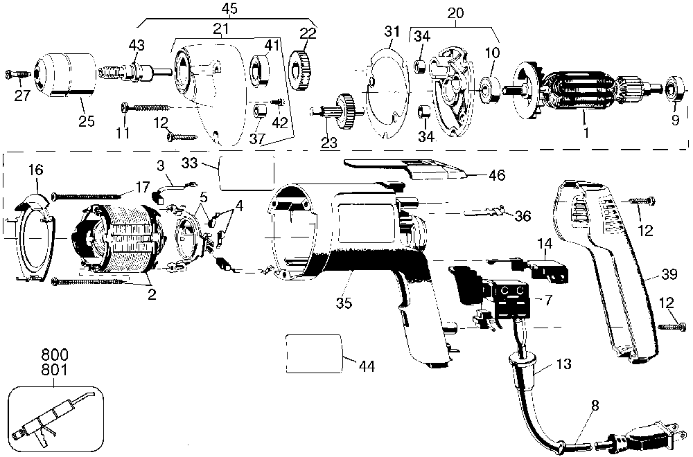 Exploded Diagram A Diagram and Parts List for D104-04 Type 1 DeWALT Drill