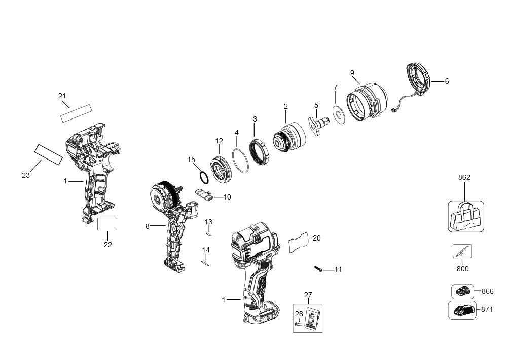 Exploded Diagram A Diagram and Parts List for DCF901GJ1G1 Type 1 DeWALT Impact Driver