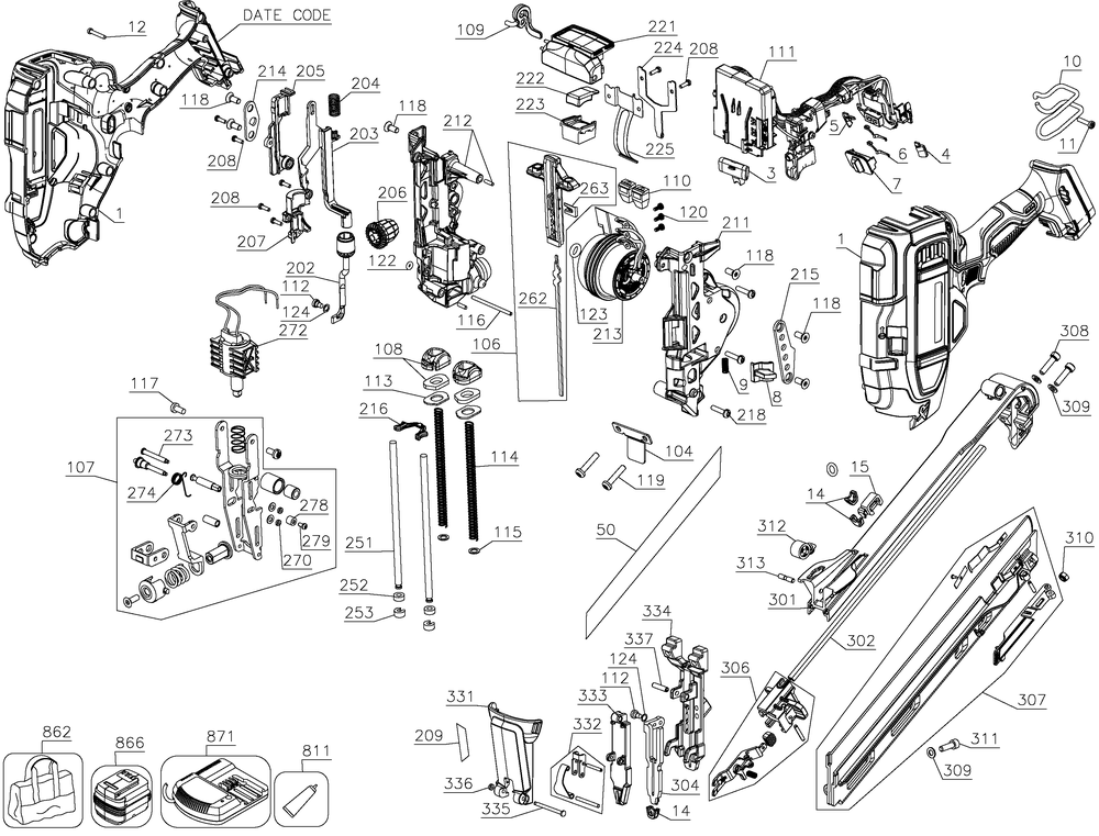 Diagram Diagram and Parts List for DCN650D1R Type 1 DeWALT Nailer