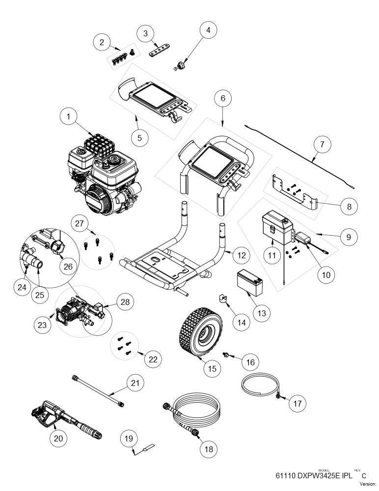 Exploded Diagram A Diagram and Parts List for DXPW3425E Type 1 DeWALT Pressure Washer
