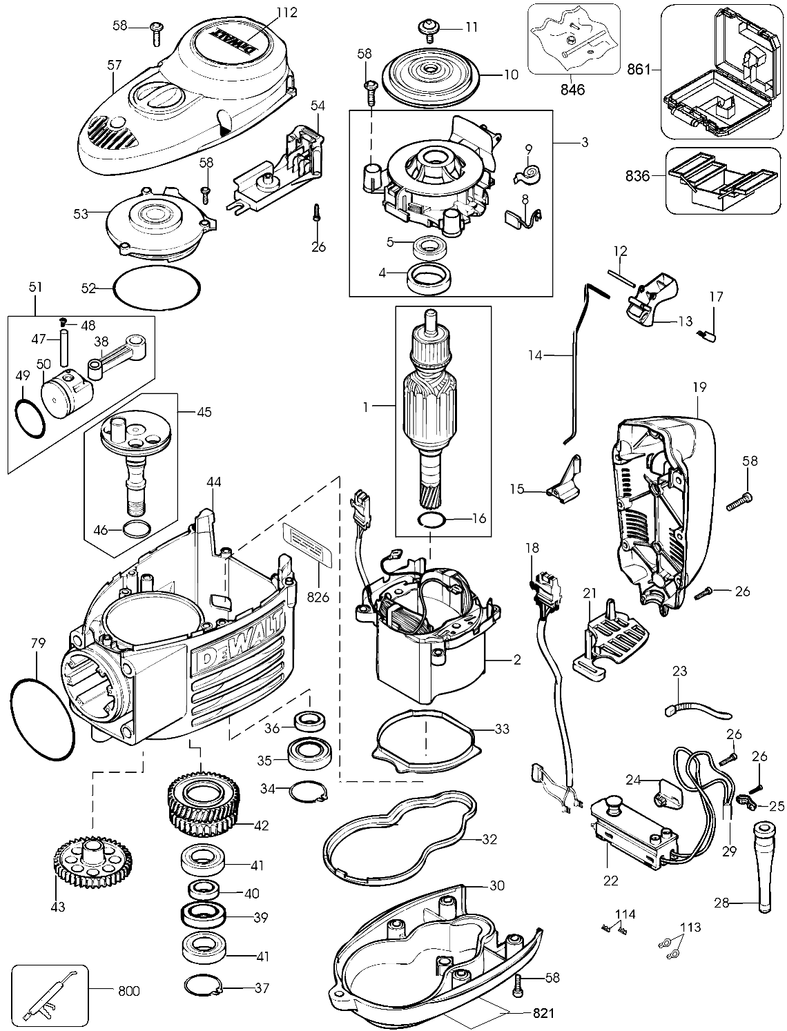 Default 2 Diagram and Parts List for D25900K Type 1 DeWALT Hammer