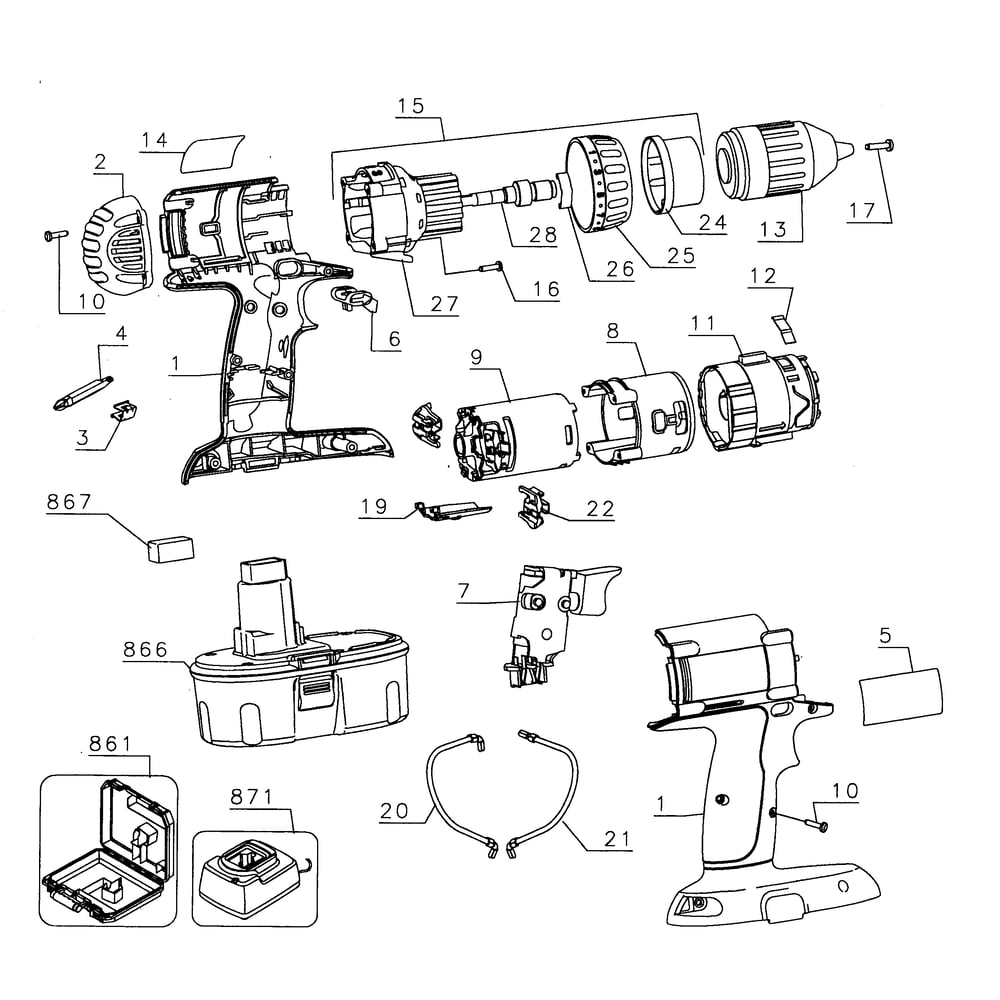 Drill Assy Diagram and Parts List for DC983KATY1  DeWALT Drill