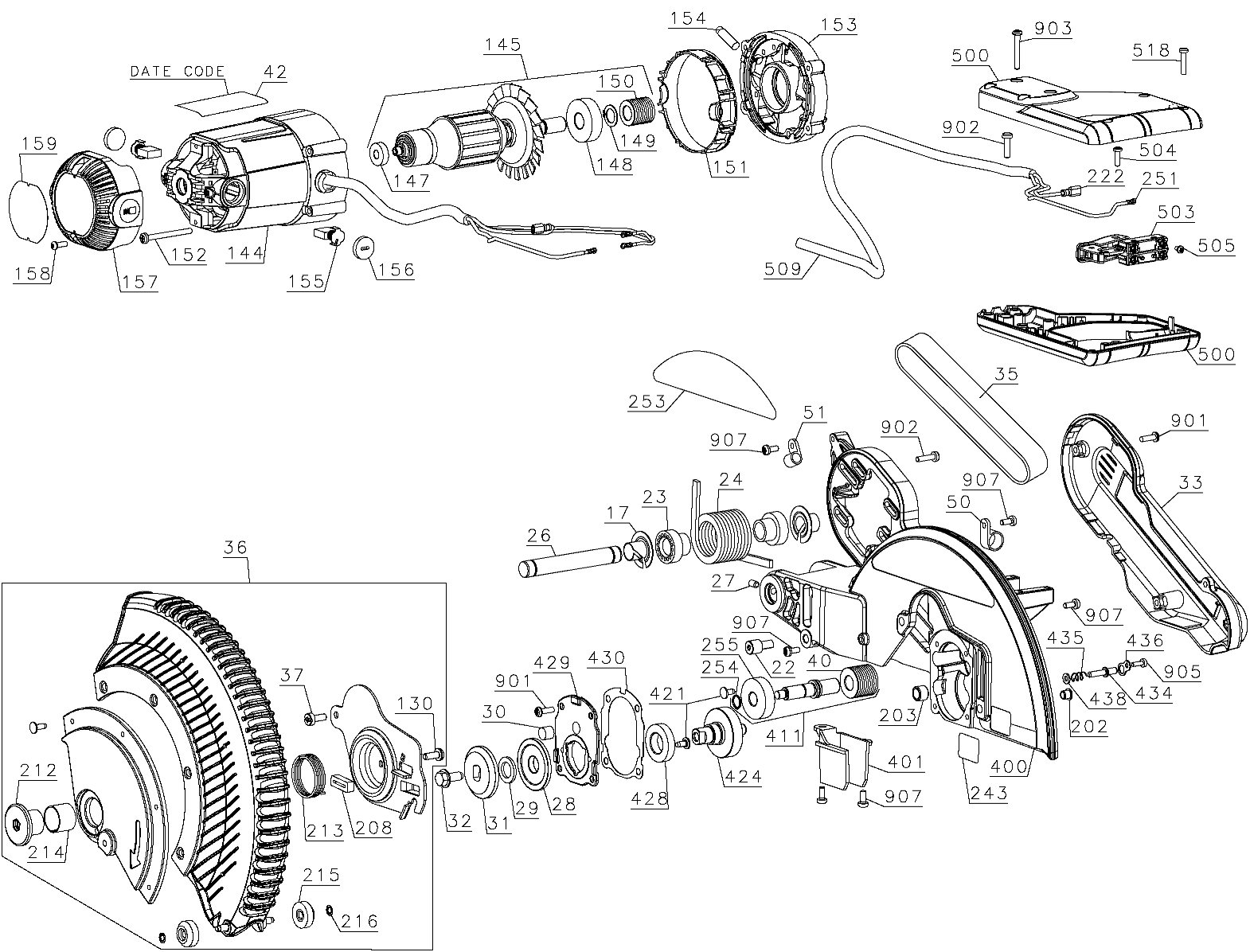 Default Diagram and Parts List for DWS709 Type 20 DeWALT Miter Saw
