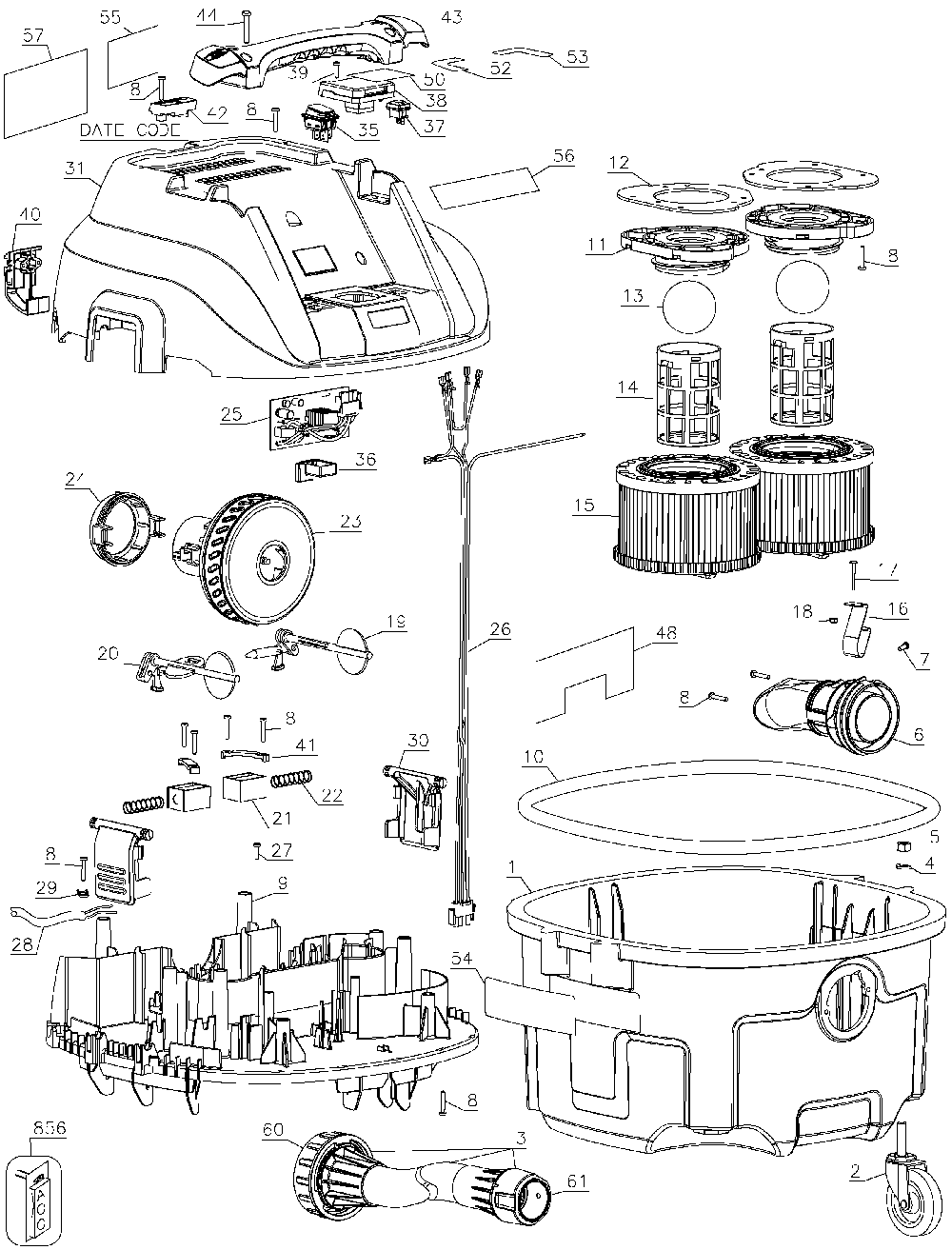Exploded Diagram A Diagram and Parts List for DWV010X Type 12 DeWALT Utility Vacuum