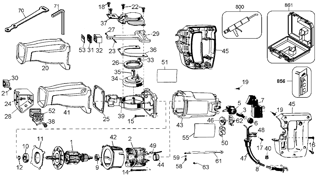 Default Diagram and Parts List for DW306KG Type 2 DeWALT Chop Saw