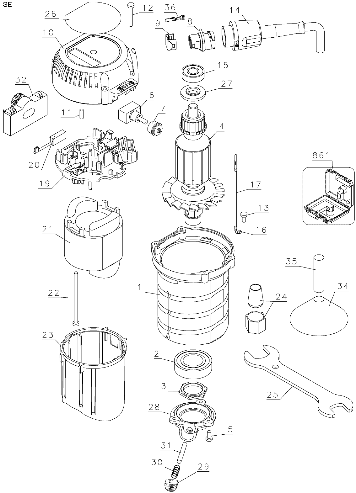 MOTOR Diagram and Parts List for DW618PK Type 1 DeWALT Router