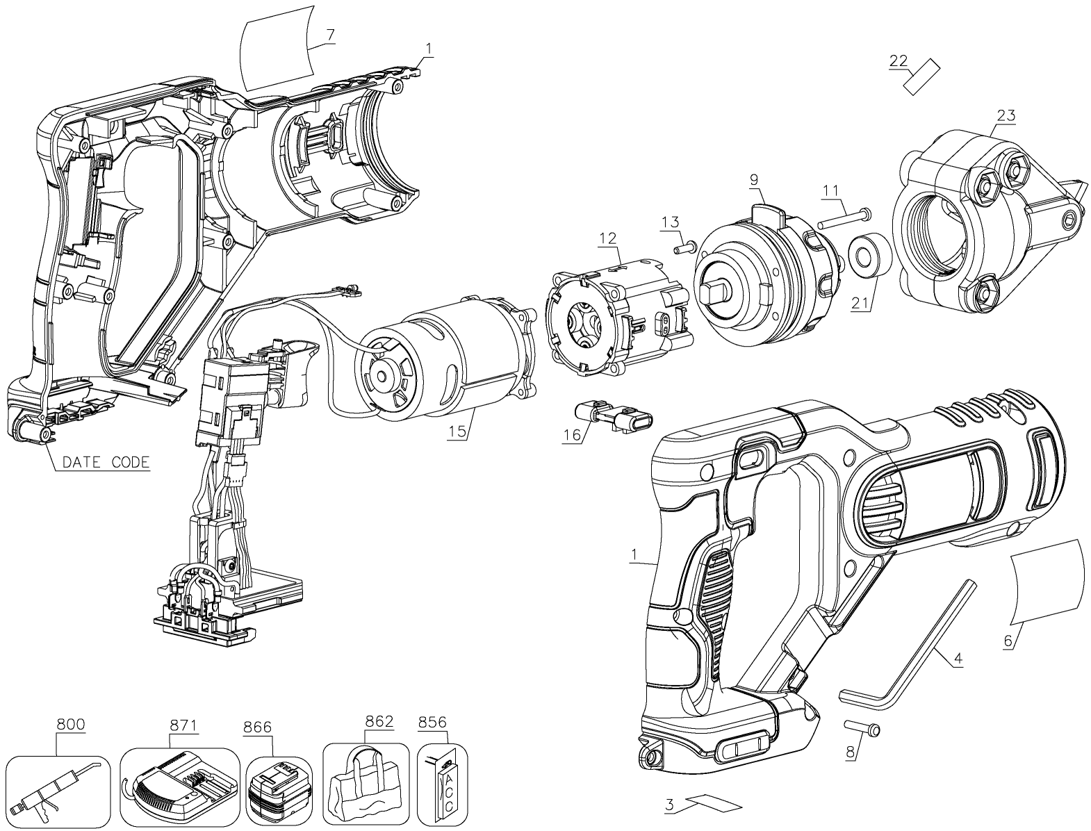 Default Diagram and Parts List for DCS496B Type 1 DeWALT Nibbler & Shears