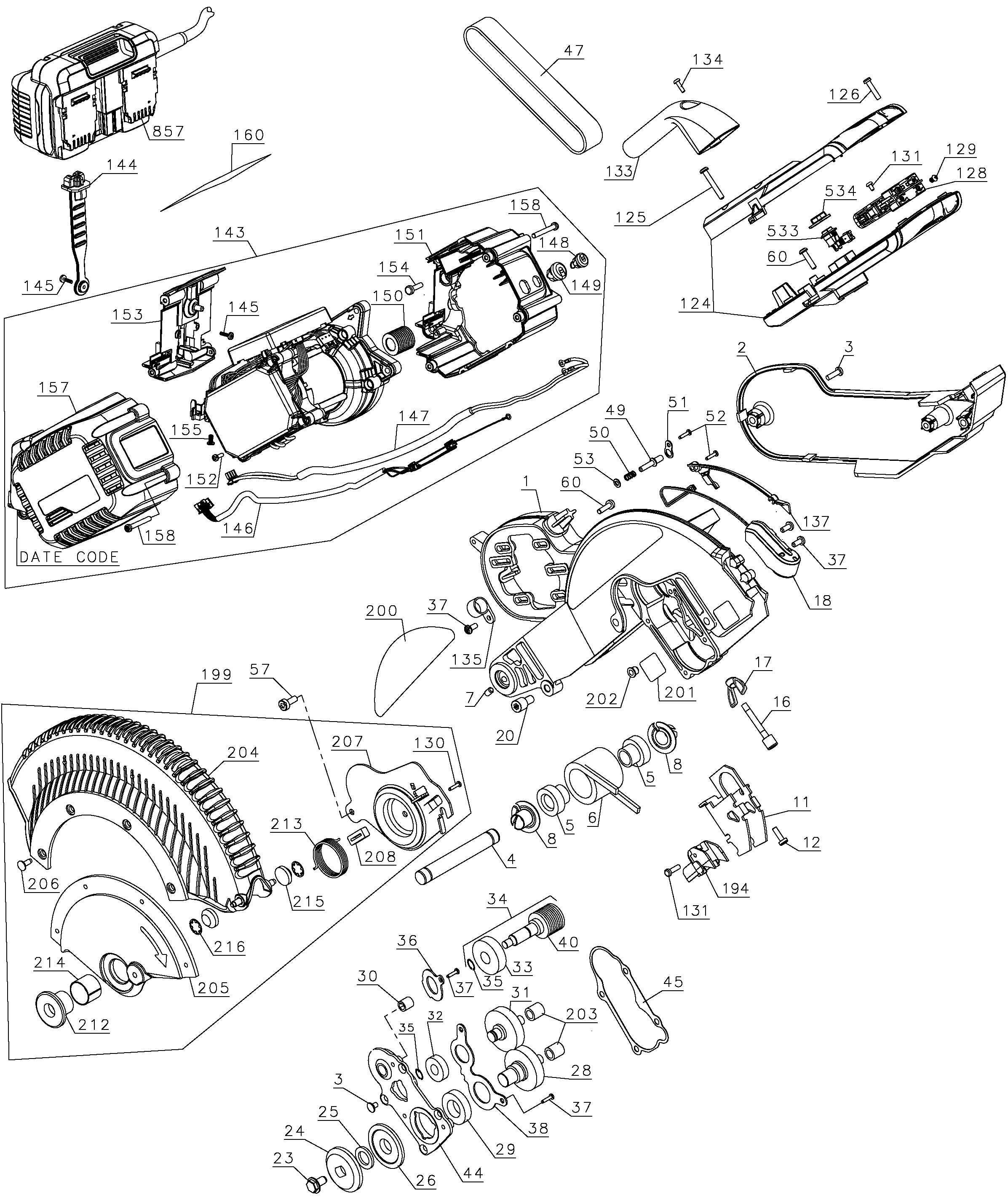 Default Diagram and Parts List for DHS790T2 Type 20 DeWALT Miter Saw