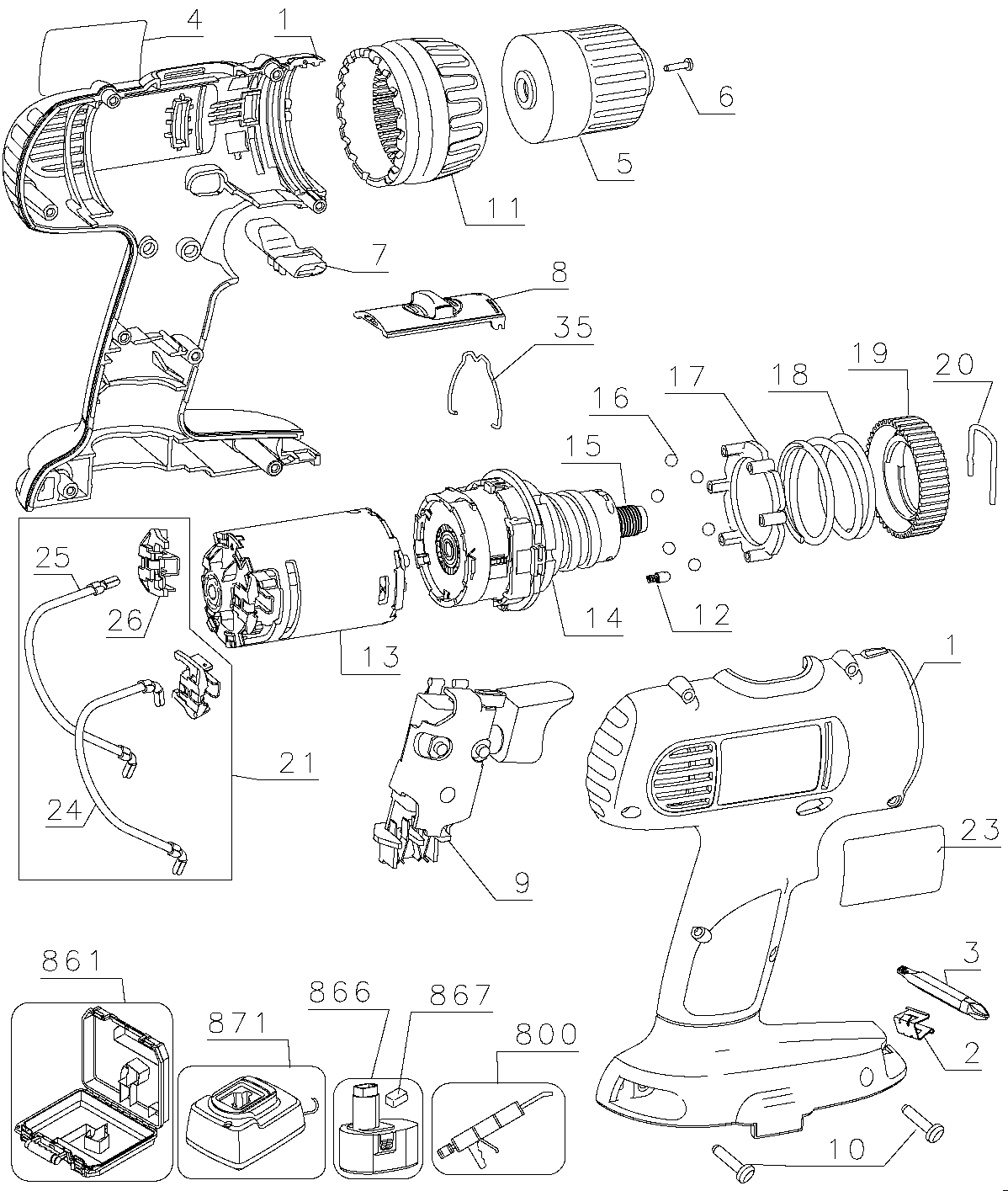 Default Diagram and Parts List for DW927K2 Type 1 DeWALT Electric Drill
