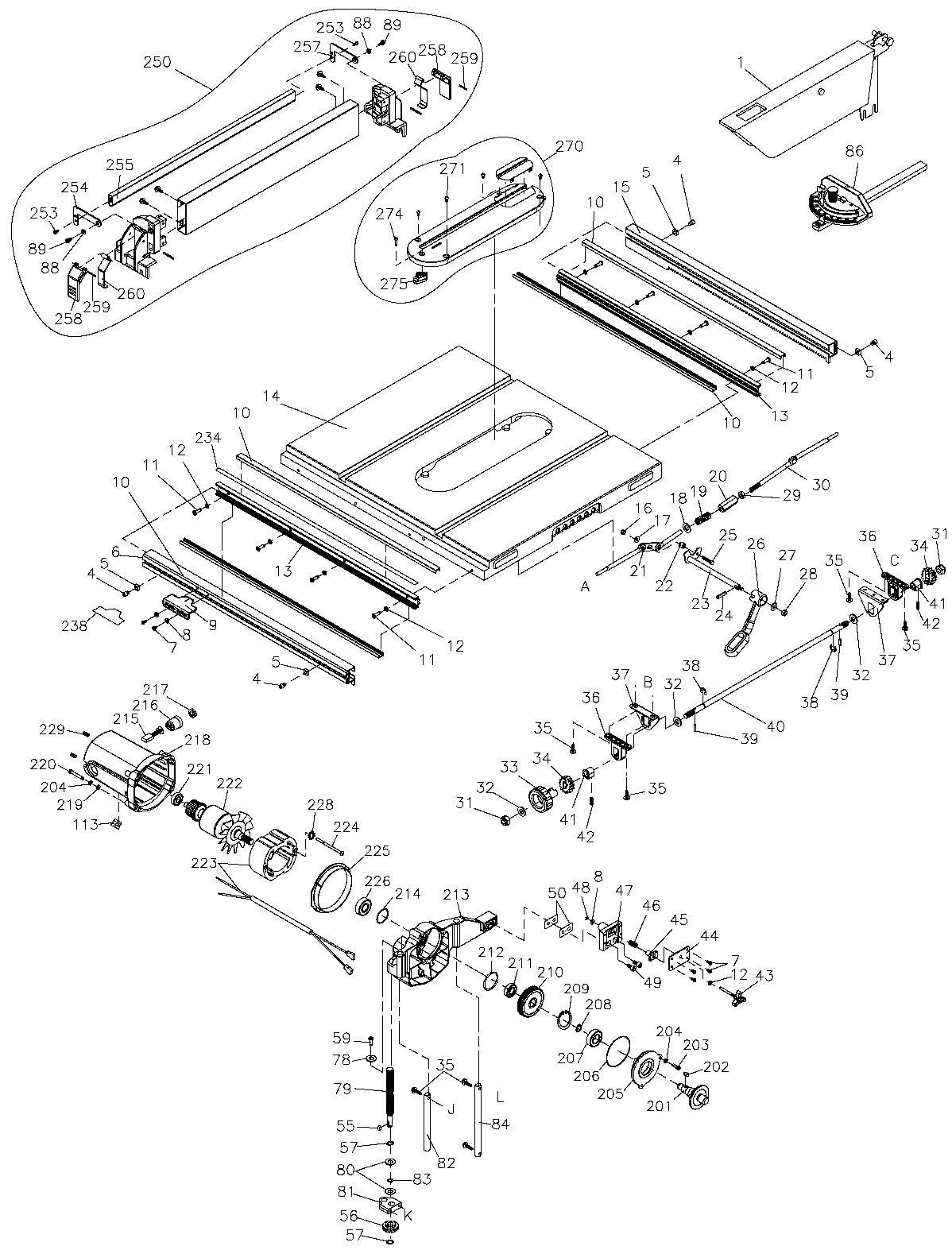 Default 2 Diagram and Parts List for DW745-B2 Type 1 DeWALT Table Saw
