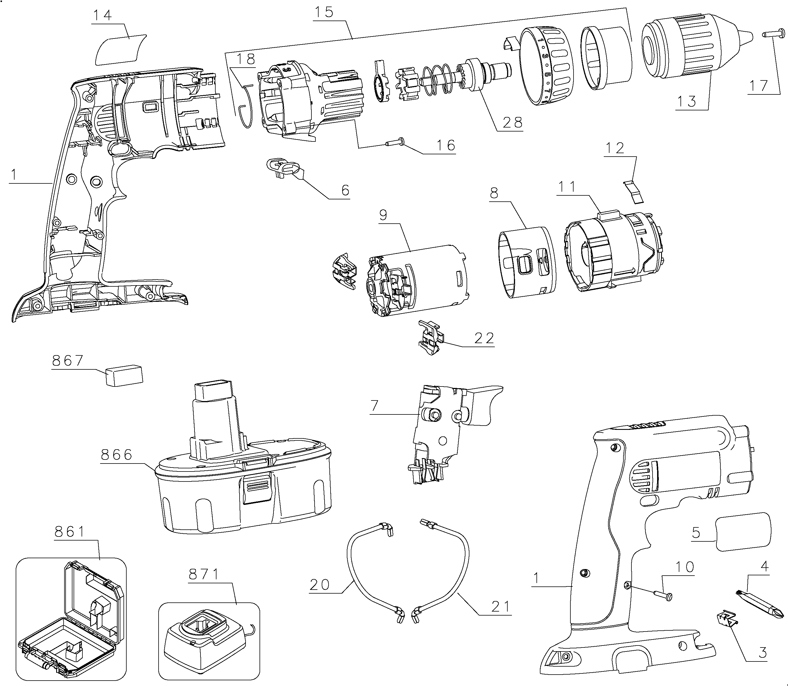 Default Diagram and Parts List for DW985K-2 Type 1 DeWALT Hammer