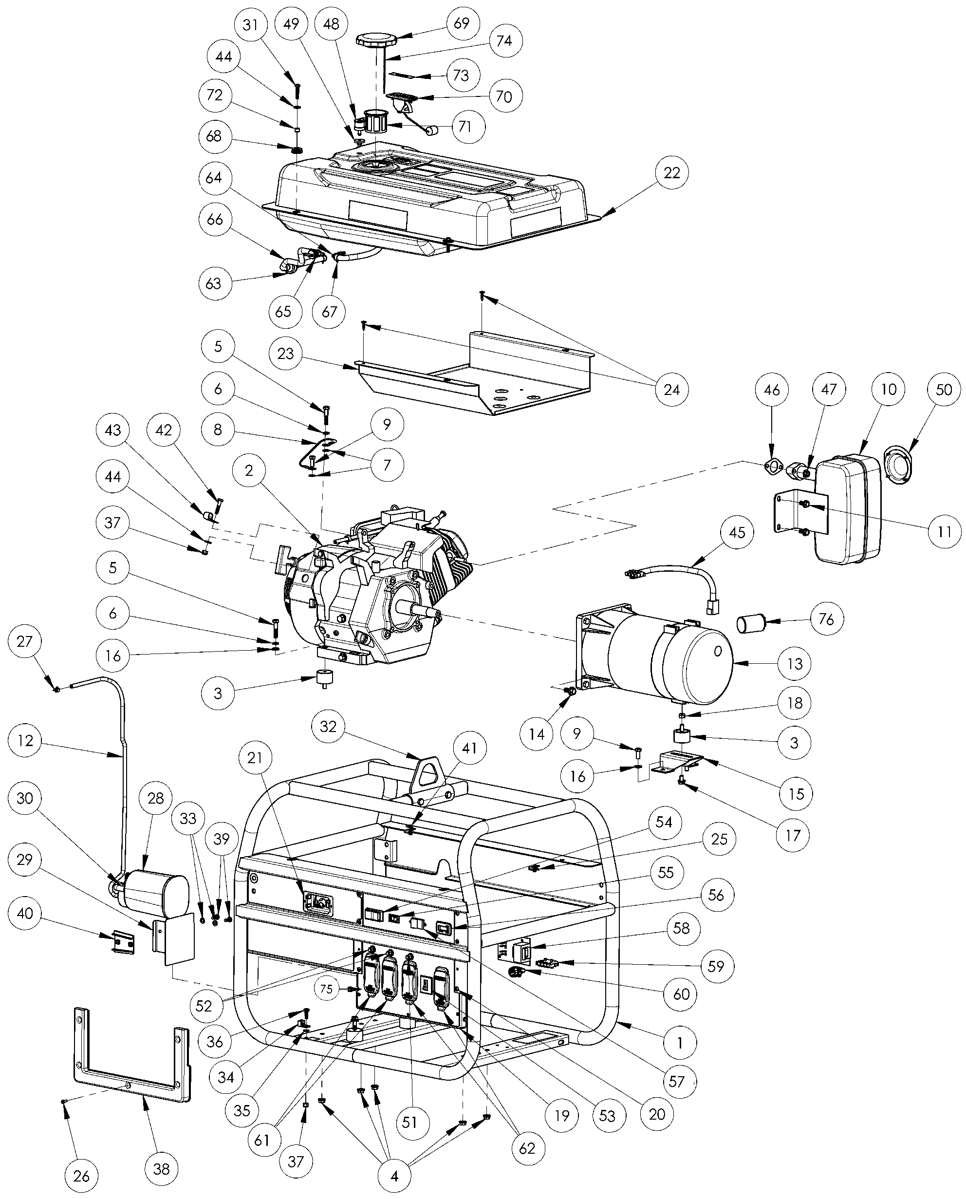 Default Diagram and Parts List for DXGN6000 Type PD532MHI004 DeWALT Generator