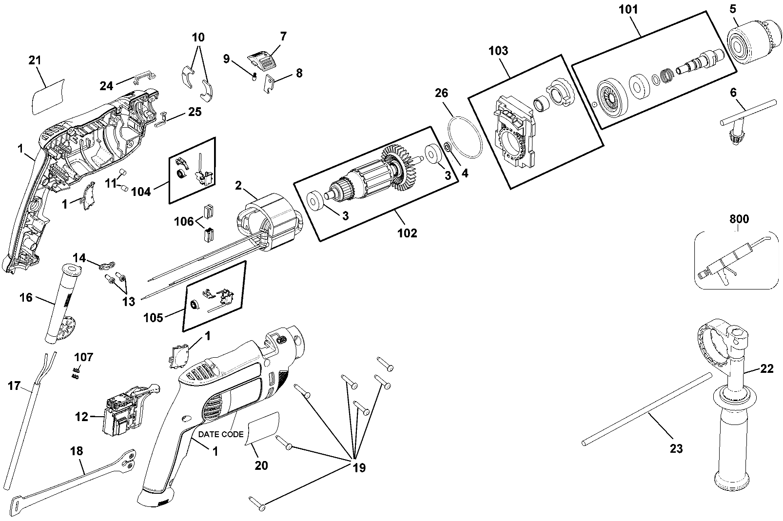 Default Diagram and Parts List for DWE5010 Type 1 DeWALT Hammer Drill