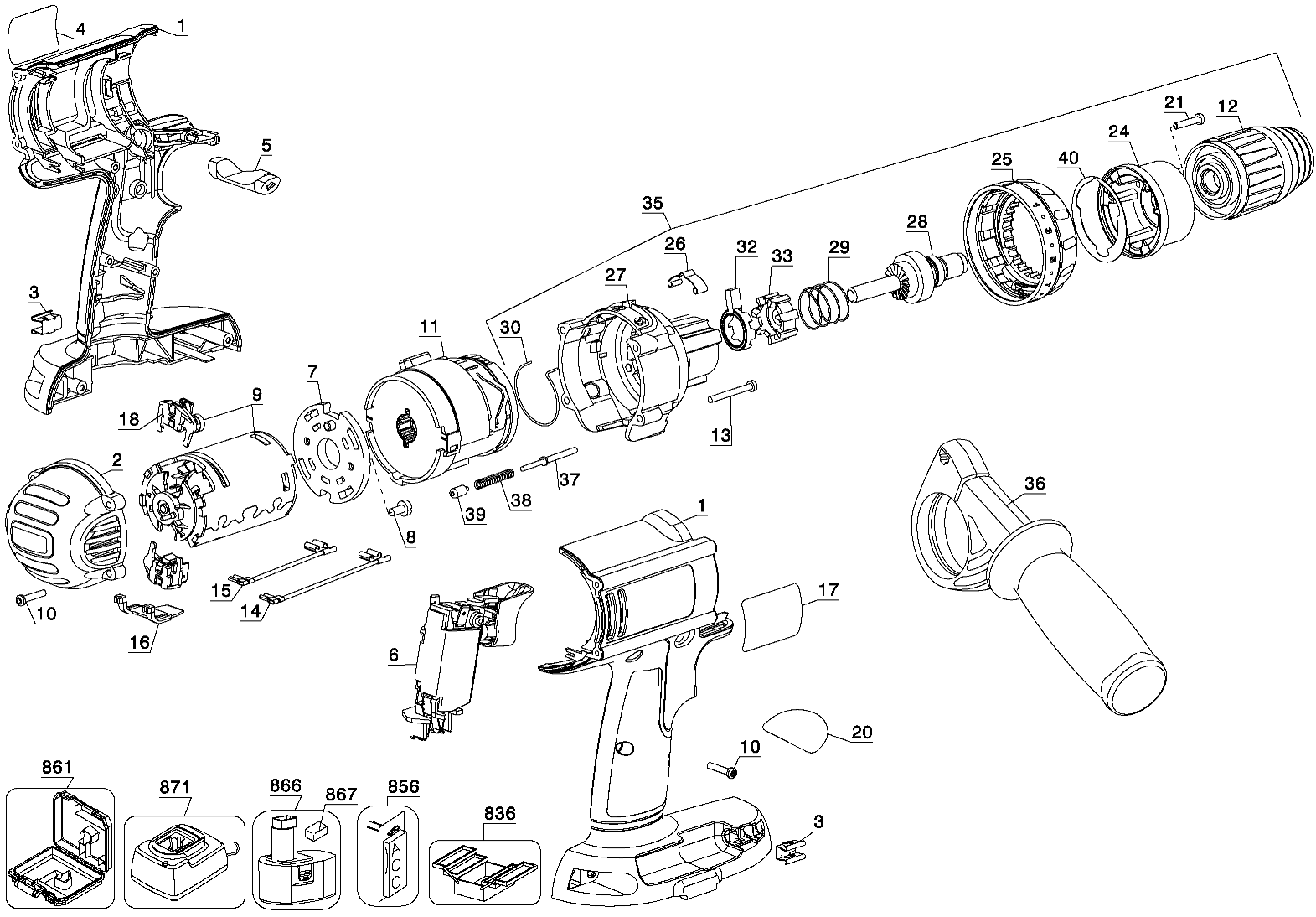 Default Diagram and Parts List for DC935KA Type 1 DeWALT Hammer Drill