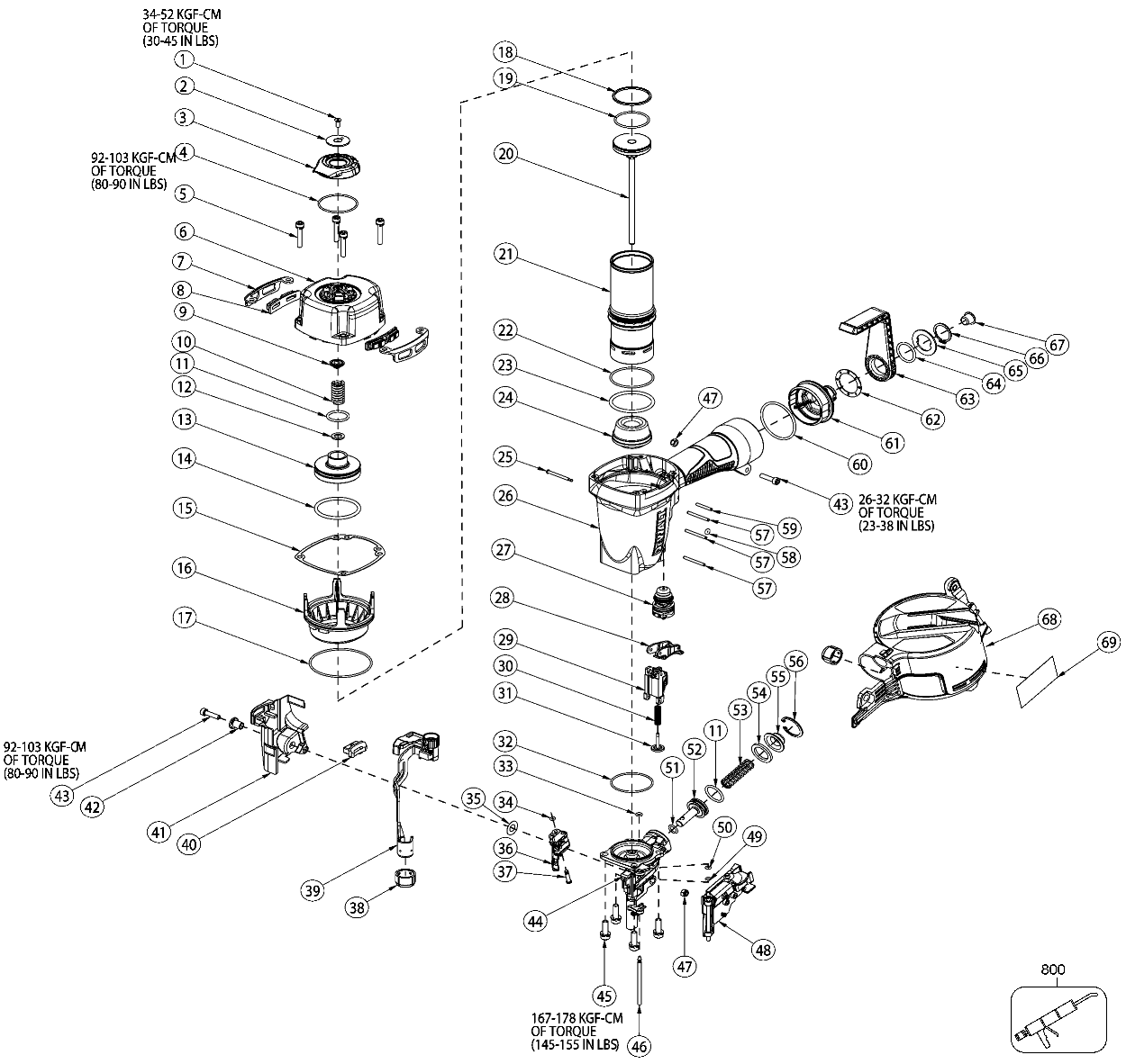 Default Diagram and Parts List for DW66C-1 Type 0 DeWALT Nailer