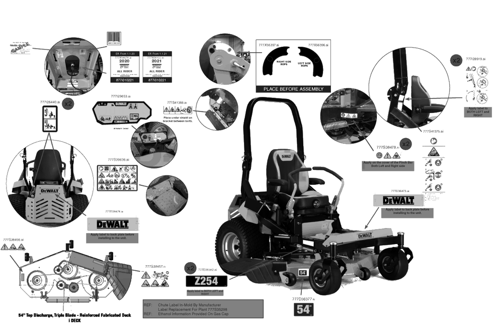Label Map Diagram and Parts List for DXGZ254P (47AKBCA7038)(2021) DeWALT Lawn Tractor