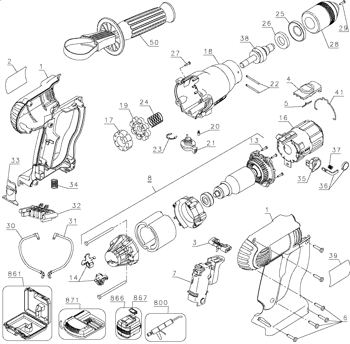 Default Diagram and Parts List for DW006K Type 1 DeWALT Hammer