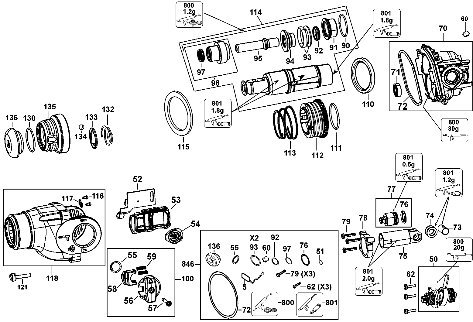 Default Diagram and Parts List for D25113K Type 2 DeWALT Hammer