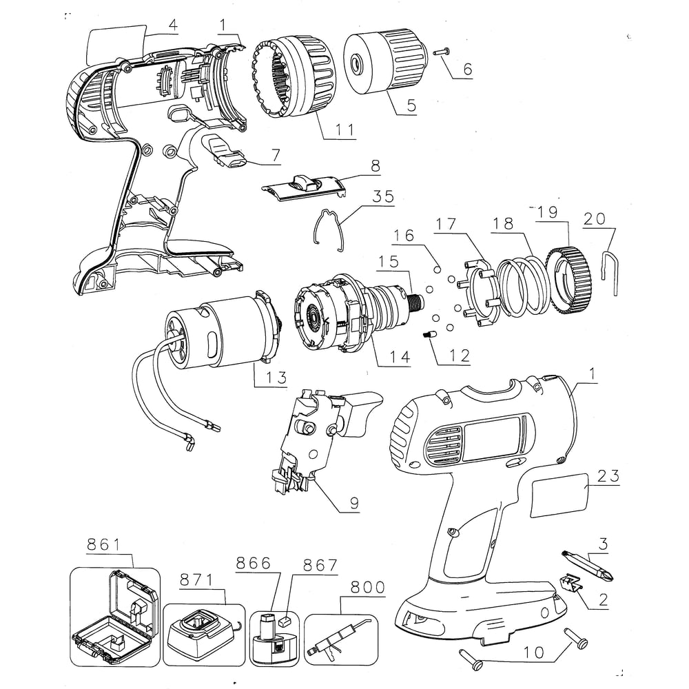 Drill Assy Diagram and Parts List for DC759KATY1  DeWALT Drill
